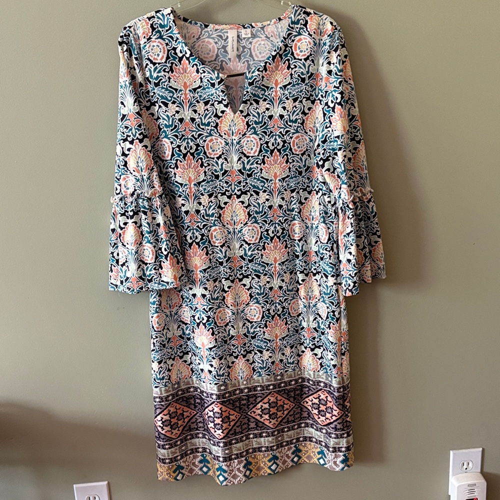 Tacera Teal and Pink Floral Midi Dress with Bell Sleeves